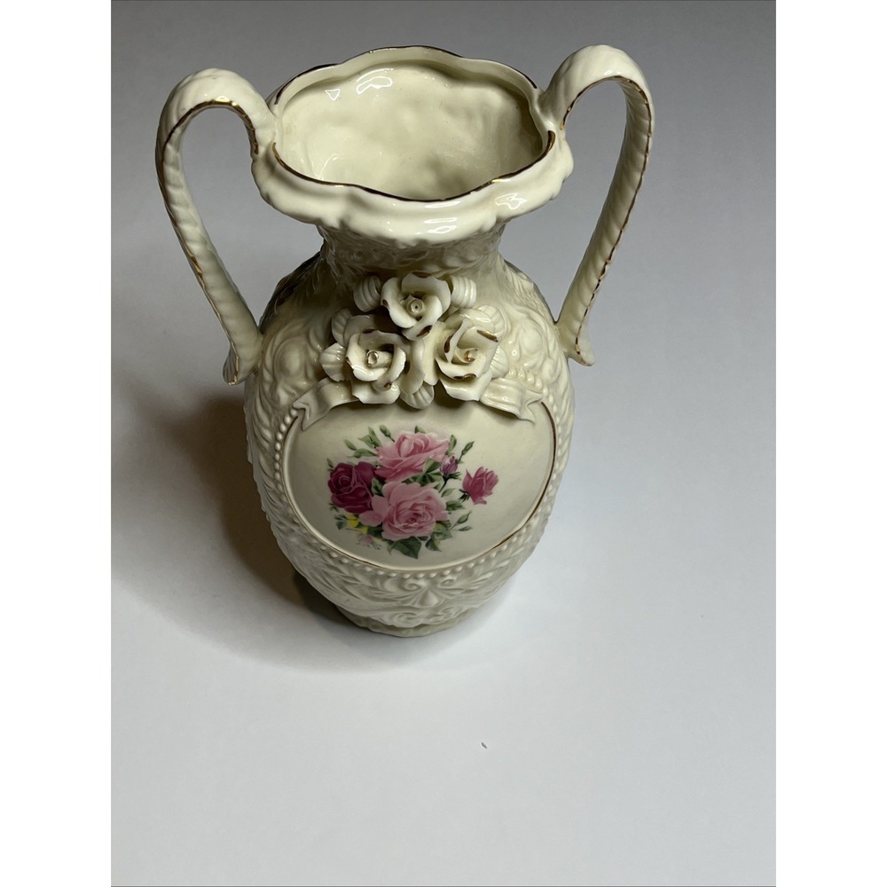Vintage Off White Porcelain Double Handle Cherub Vase W/ Raised Flowers 10" Tall
